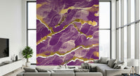 Abstract art Marble Wallpaper mural with flowing golden veins across a cosmic violet marble background.