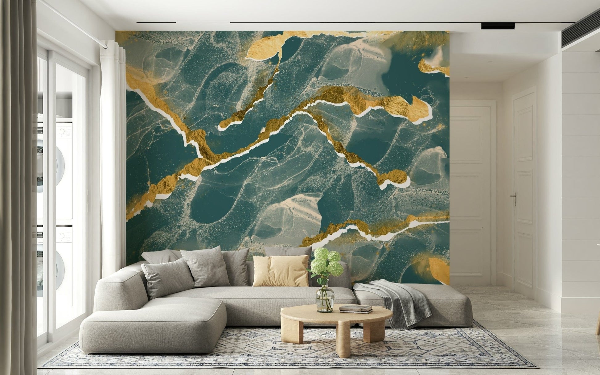 Close-up of the Golden Veins Deep Lagoon Marble Wallpaper, showcasing its modern, luxe abstract pattern.