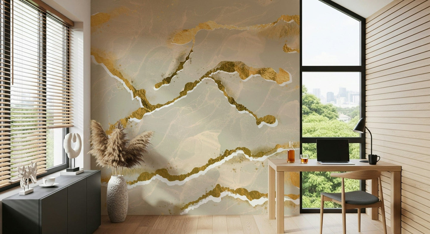 Luxe ecru sand Marble Wallpaper mural featuring an abstract design with striking golden veins.