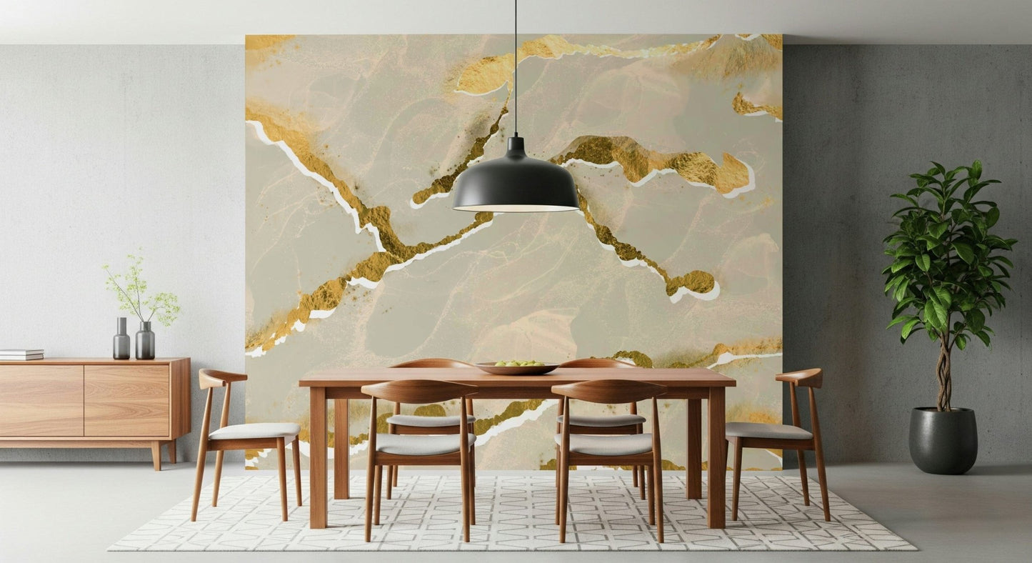 Modern Luxe Abstract Wall Mural with a neutral ecru sand and golden vein Marble Wallpaper design.