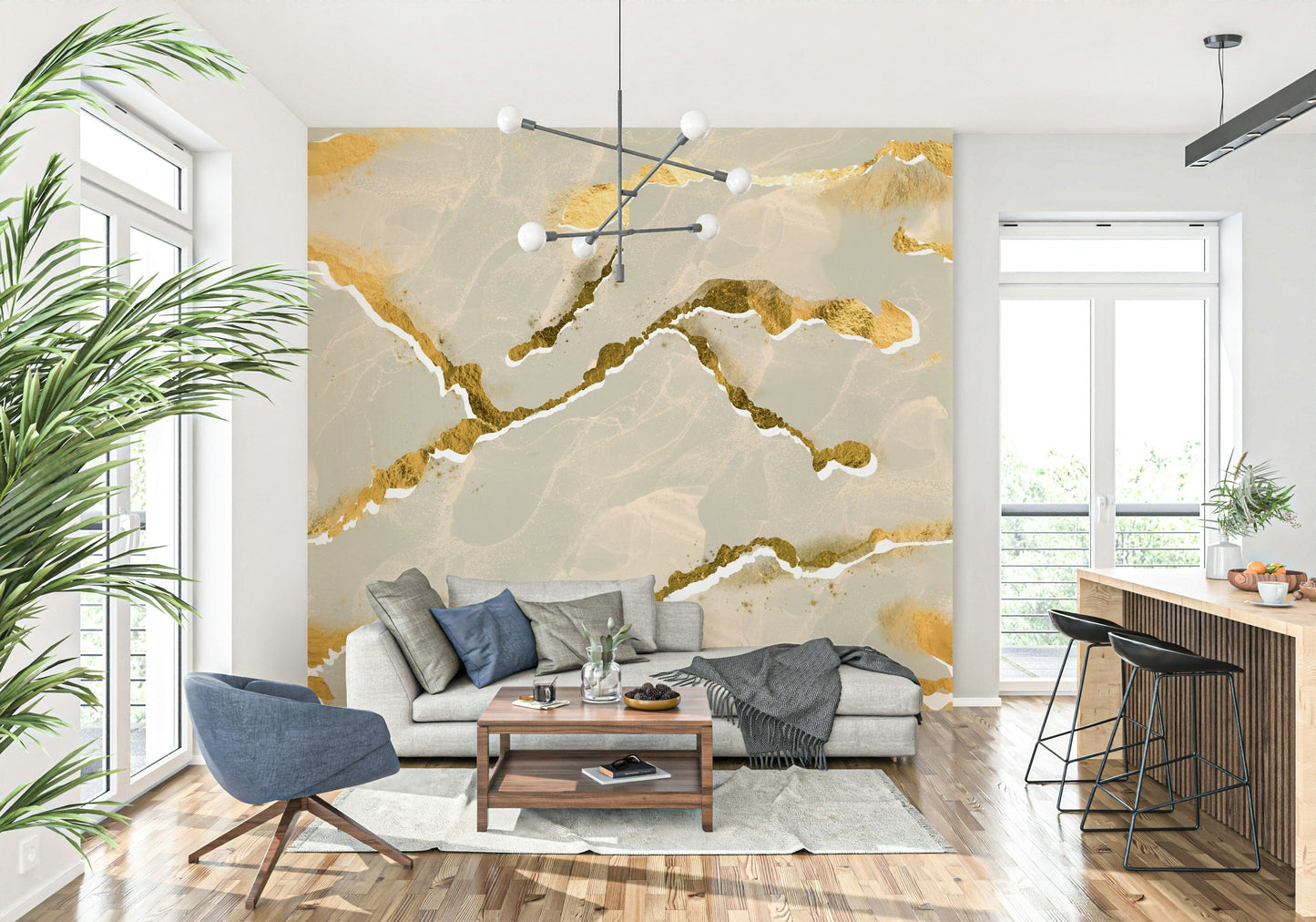 Detailed view of an ecru sand and gold abstract Marble Wallpaper, showing the luxe, swirling mineral pattern.