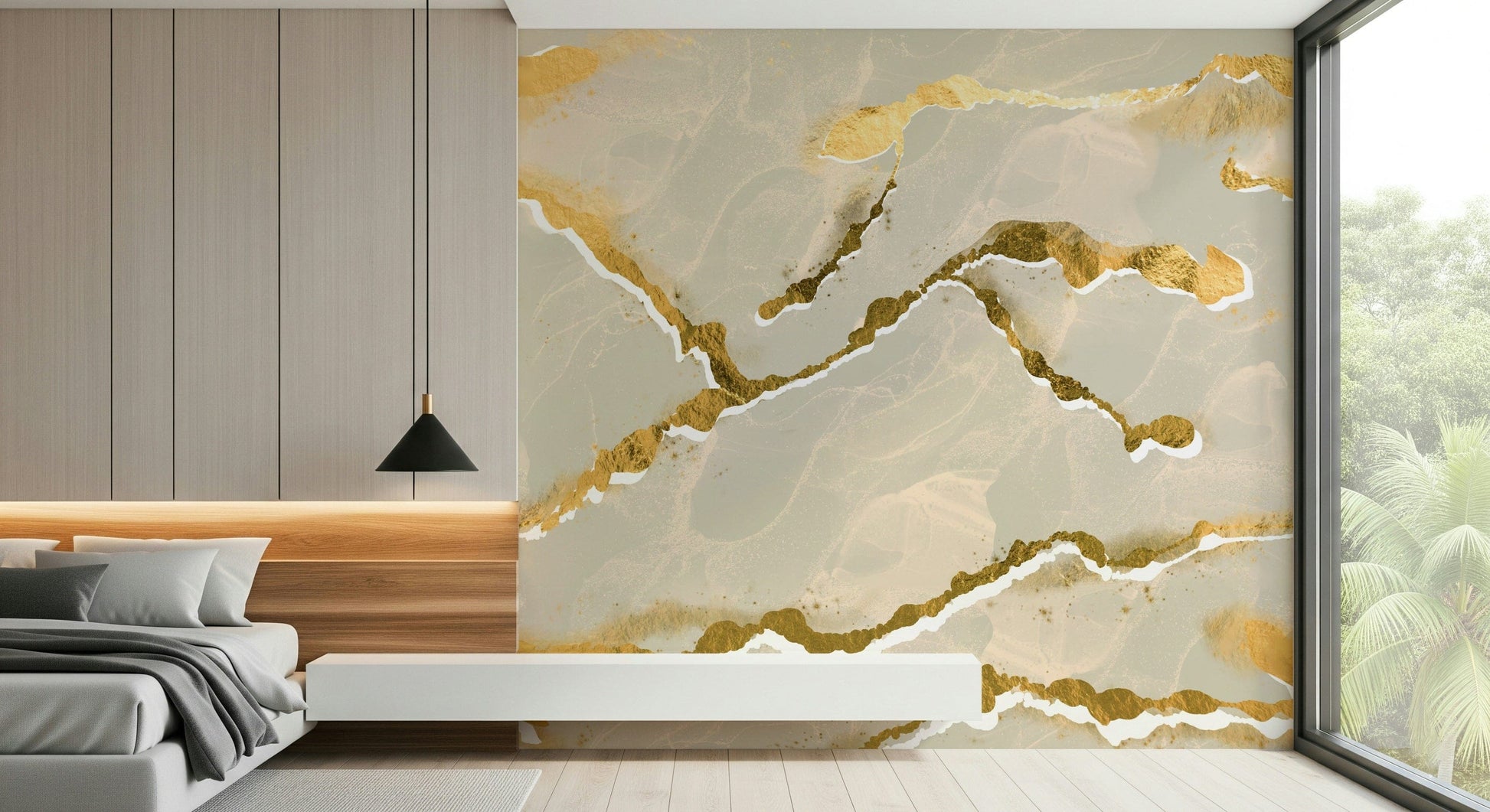 Close-up of the Golden Veins Ecru Sand Marble Wallpaper, showcasing its modern, luxe abstract design.