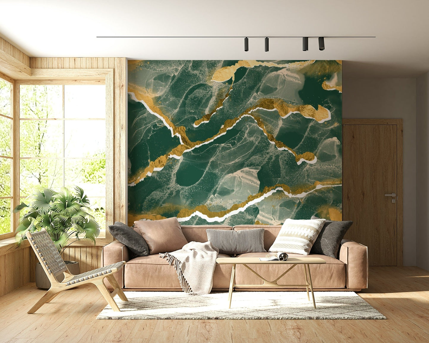 Elegant Marble Wallpaper in a deep emerald green, highlighted by sophisticated golden veins for a modern interior.
