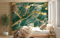 Modern Luxe Abstract Wall Mural with a deep emerald green and golden vein Marble Wallpaper design.