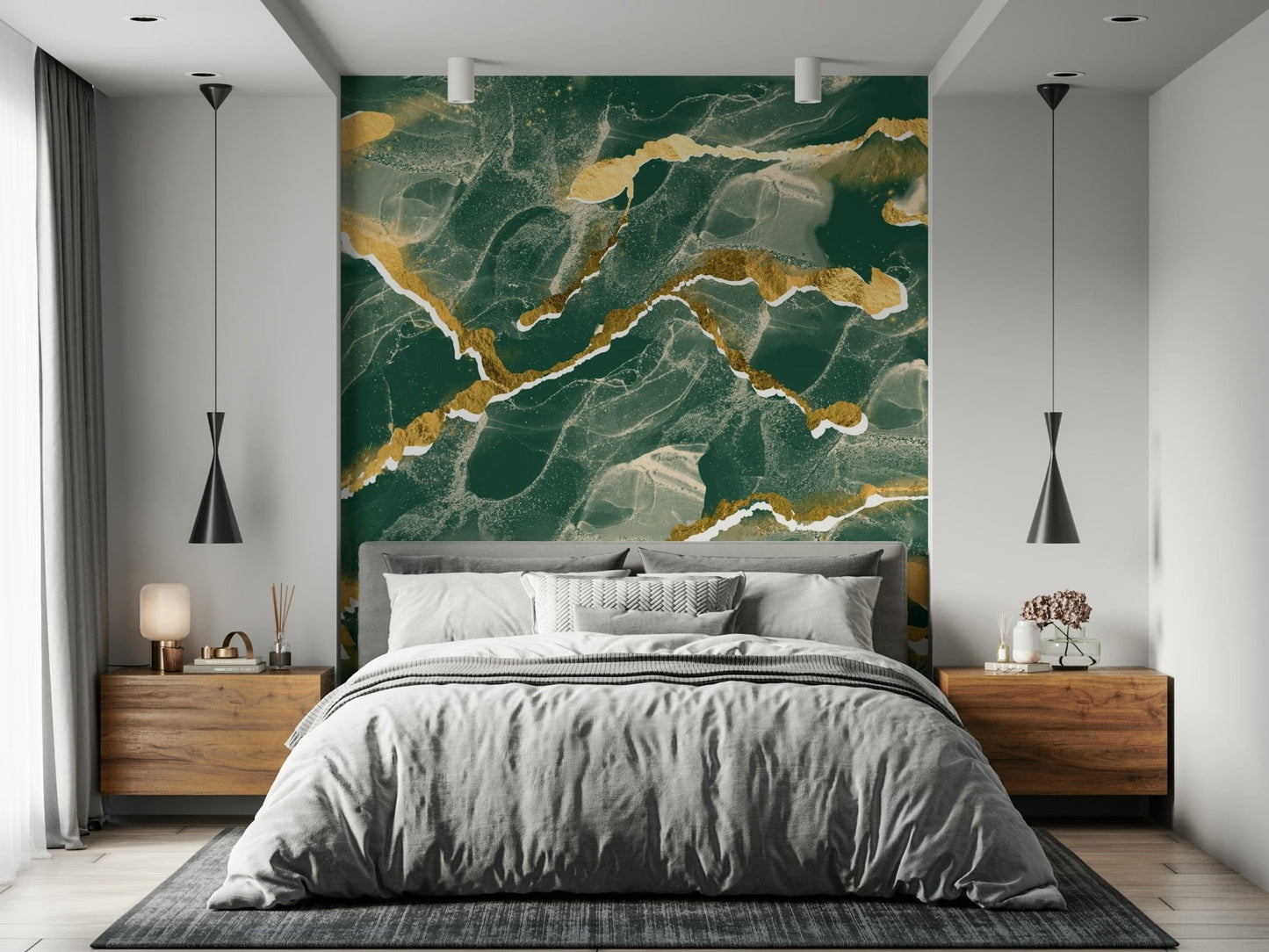 A modern abstract wall mural depicting a stunning emerald green and gold Marble Wallpaper pattern.