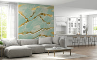 Luxe mint green Marble Wallpaper mural featuring an abstract design with striking golden veins.