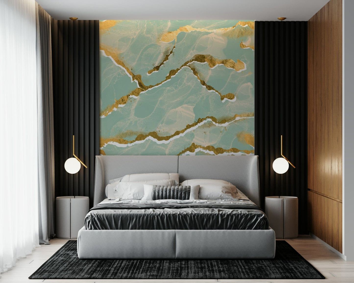 Golden Veins Mint Whisper design shown as a large-scale, modern abstract Marble Wallpaper.