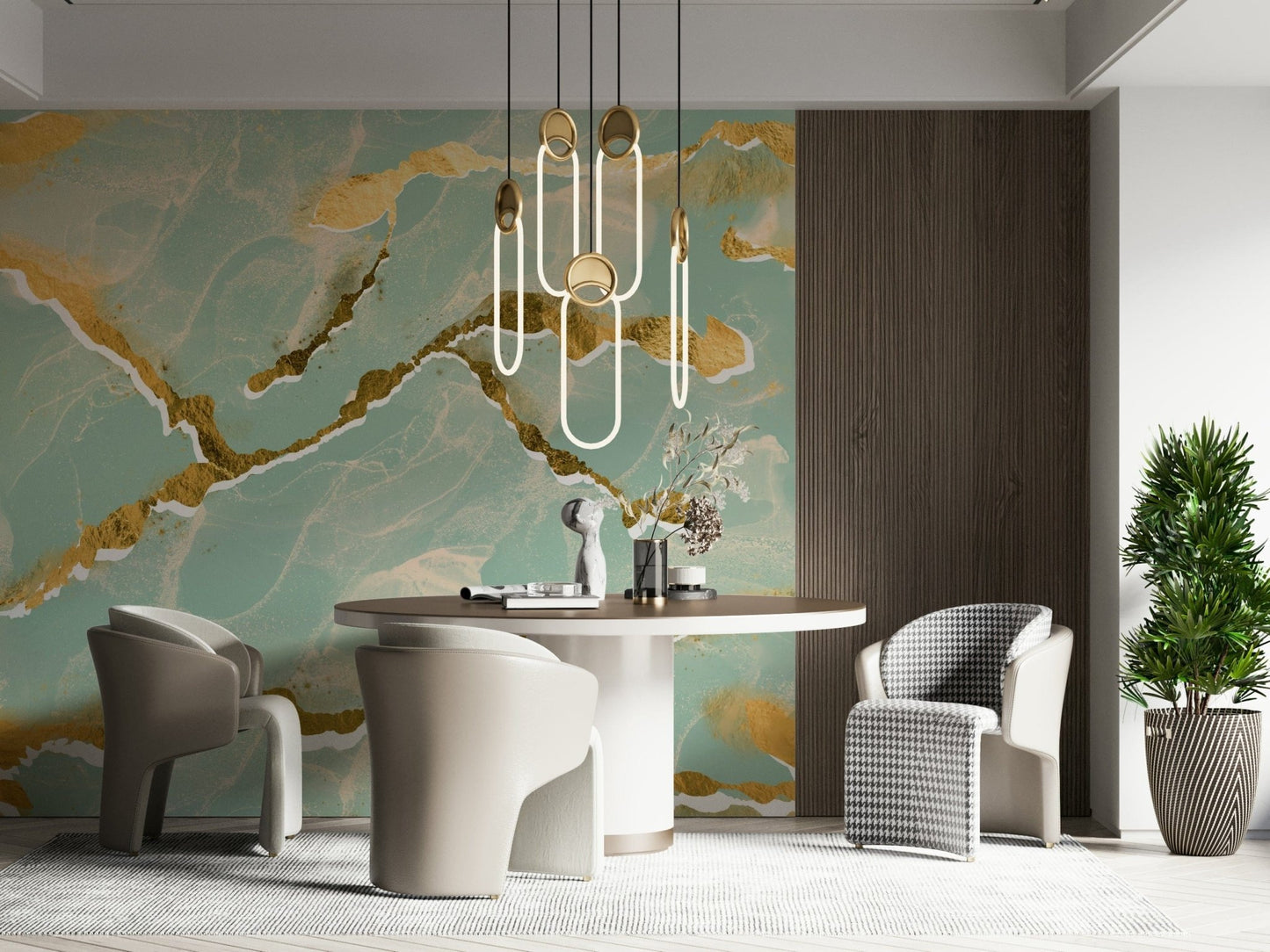 Elegant Marble Wallpaper in a soft mint green, highlighted by sophisticated golden veins for a modern look.