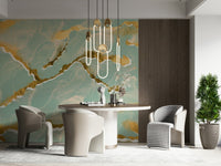 Elegant Marble Wallpaper in a soft mint green, highlighted by sophisticated golden veins for a modern look.