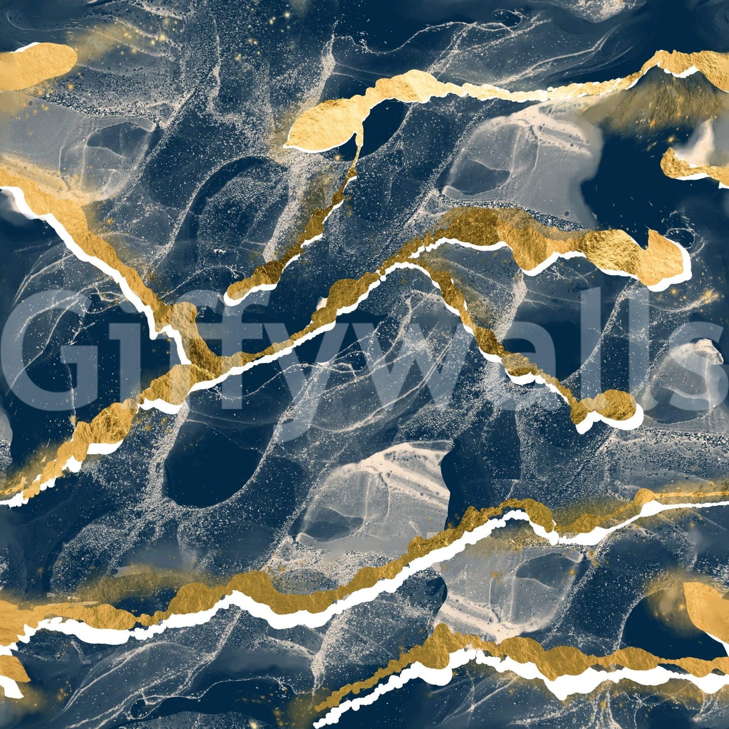 Golden Veins Navy Marble - Modern Luxe Abstract Wall Mural