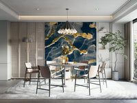 Modern Luxe Abstract Wall Mural with a sophisticated navy and golden vein Marble Wallpaper design.
