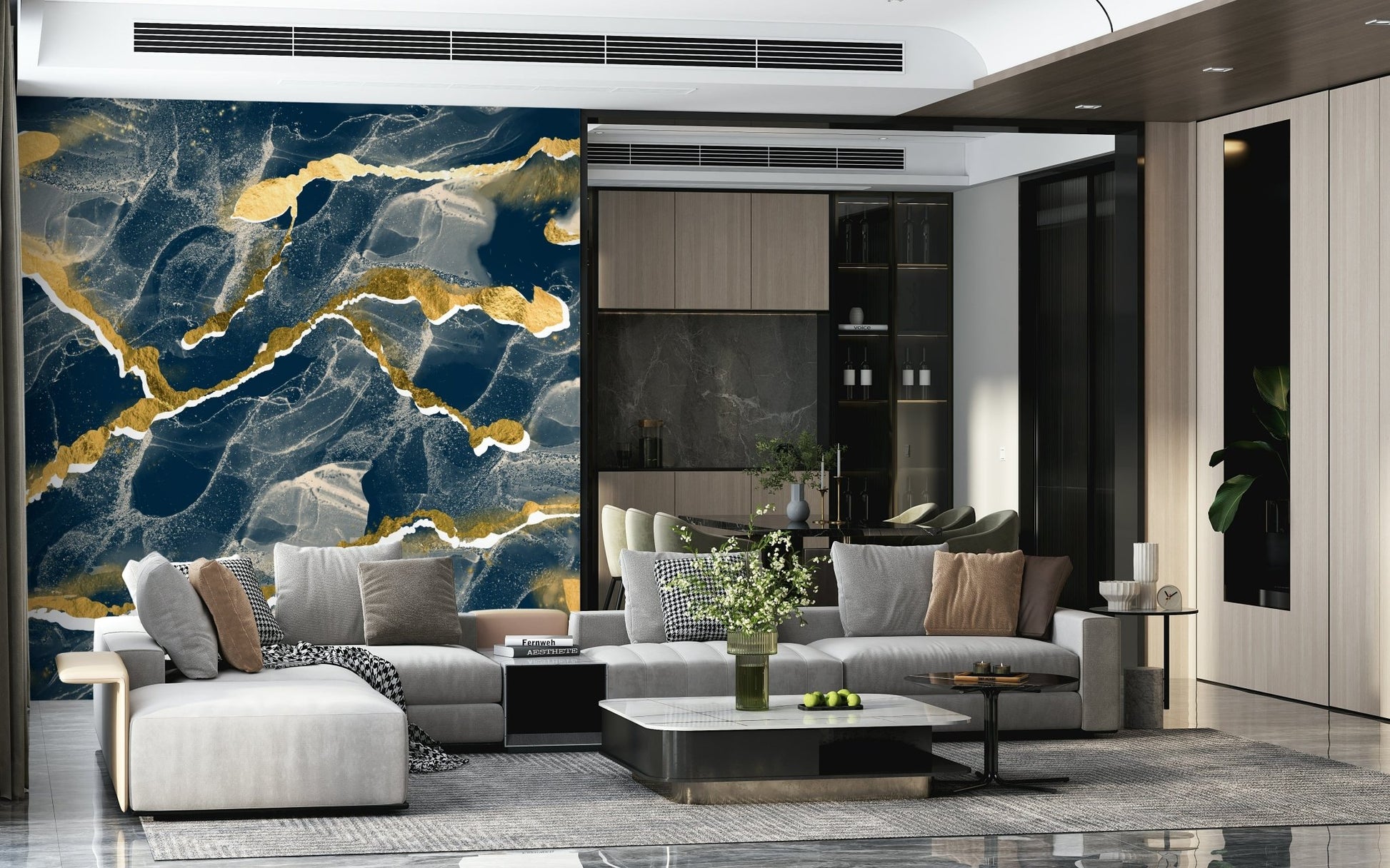 Luxe navy blue Marble Wallpaper mural featuring an abstract design with striking golden veins.