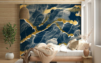 Golden Veins Navy Marble - a Modern Luxe Abstract Marble Wallpaper mural.