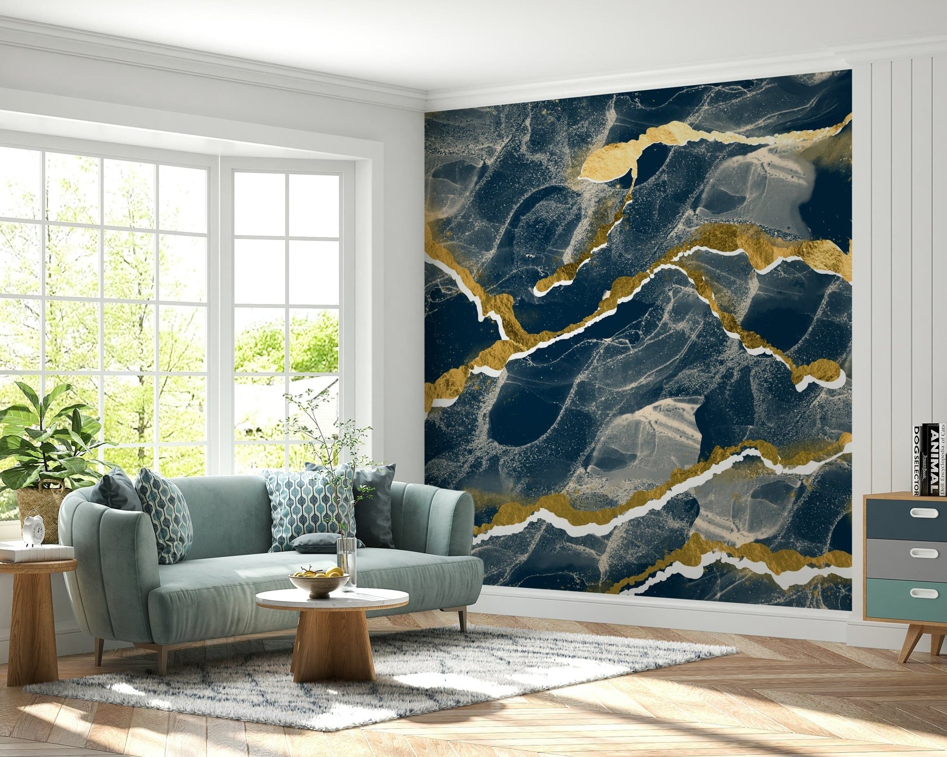 Elegant Marble Wallpaper in a deep navy hue, highlighted by sophisticated golden veins for a modern interior.