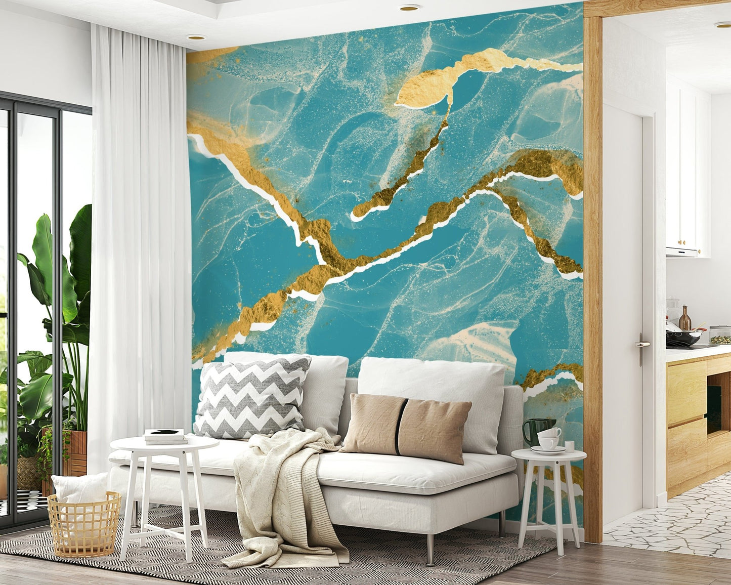 Golden Veins Tropical Teal Marble - a Modern Luxe Abstract Marble Wallpaper mural.