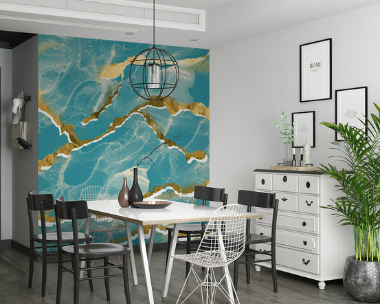 Close-up of the Golden Veins Tropical Teal Marble Wallpaper, showcasing its modern, luxe abstract design.