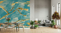 Modern Luxe Abstract Wall Mural with a rich tropical teal and golden vein Marble Wallpaper design.