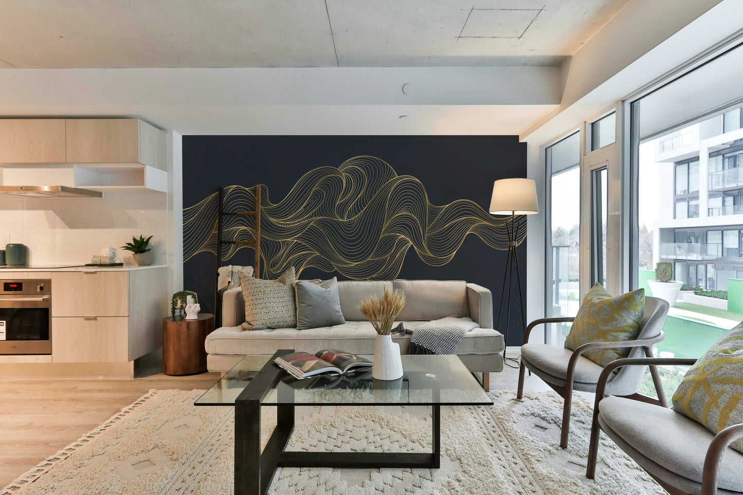 A peaceful wall mural with a modern, flowing design.


