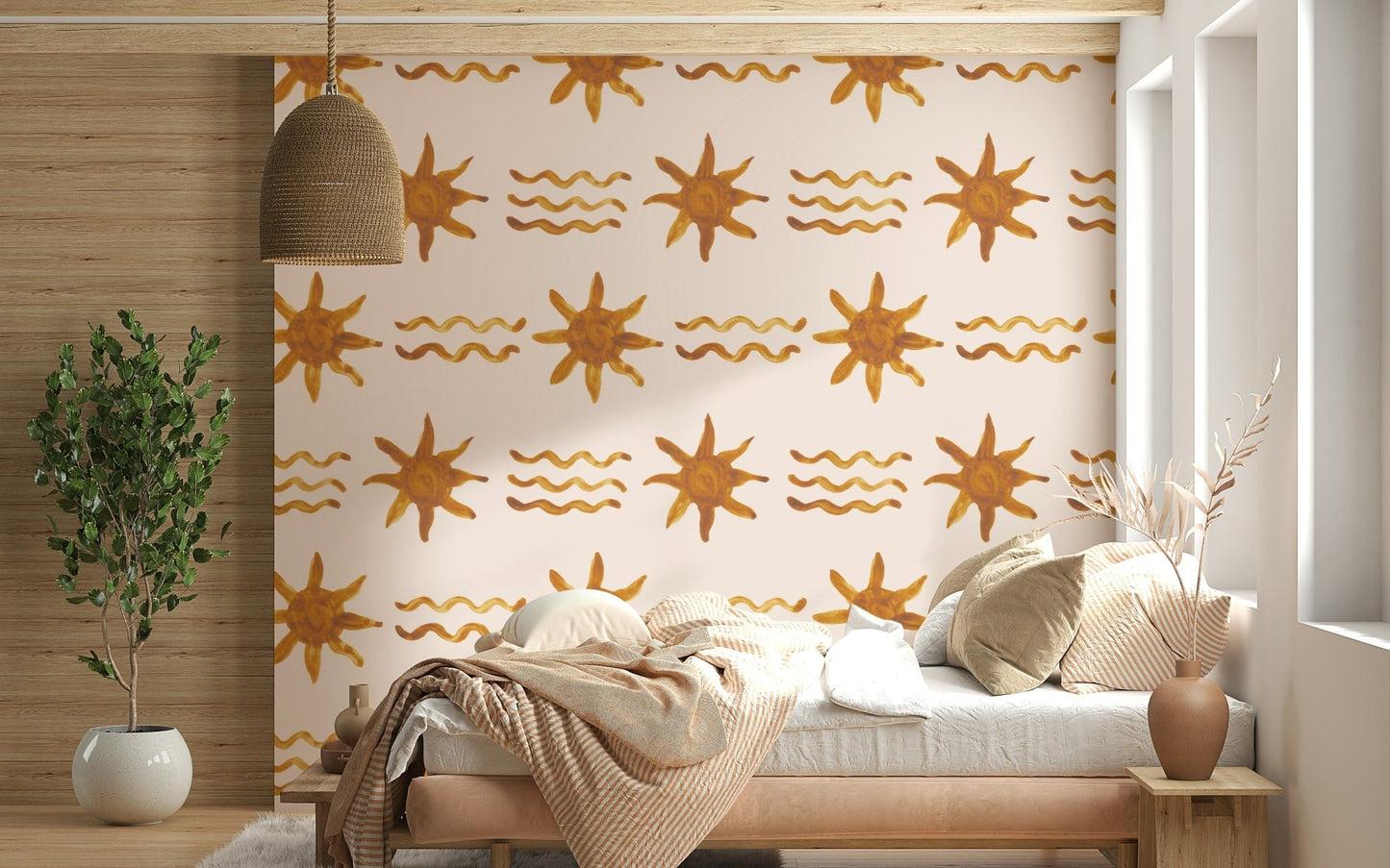 Golden waves and sun wallpaper featuring radiant, flowing abstract lines.
