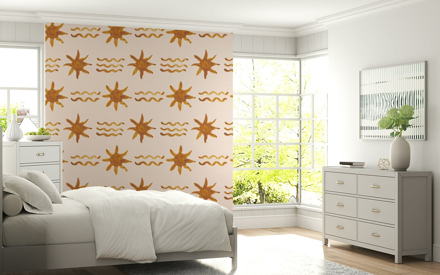 Sunlit golden wave mural offering a warm, contemporary aesthetic.