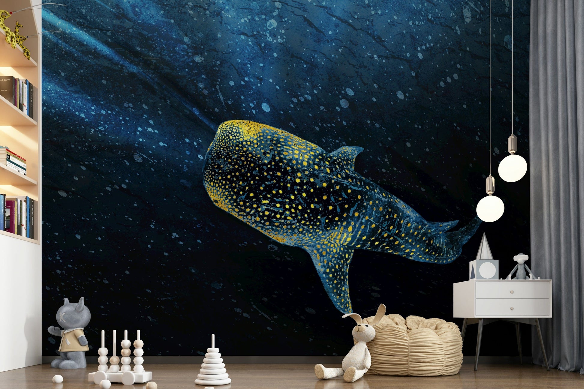 Golden Whale Shark oceanic scene room wallpaper sticker.