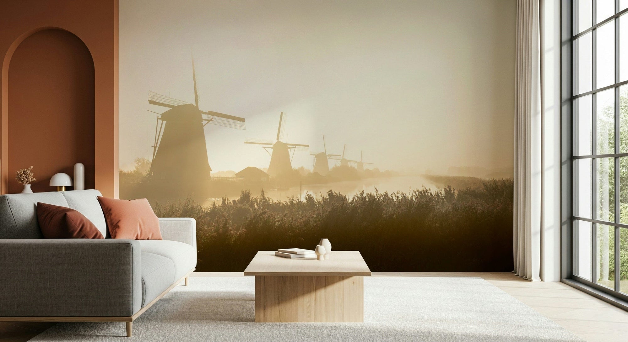 Golden Hour at Kinderdijk wallpaper mural of misty Dutch windmills at sunrise above a grey sofa in a living room