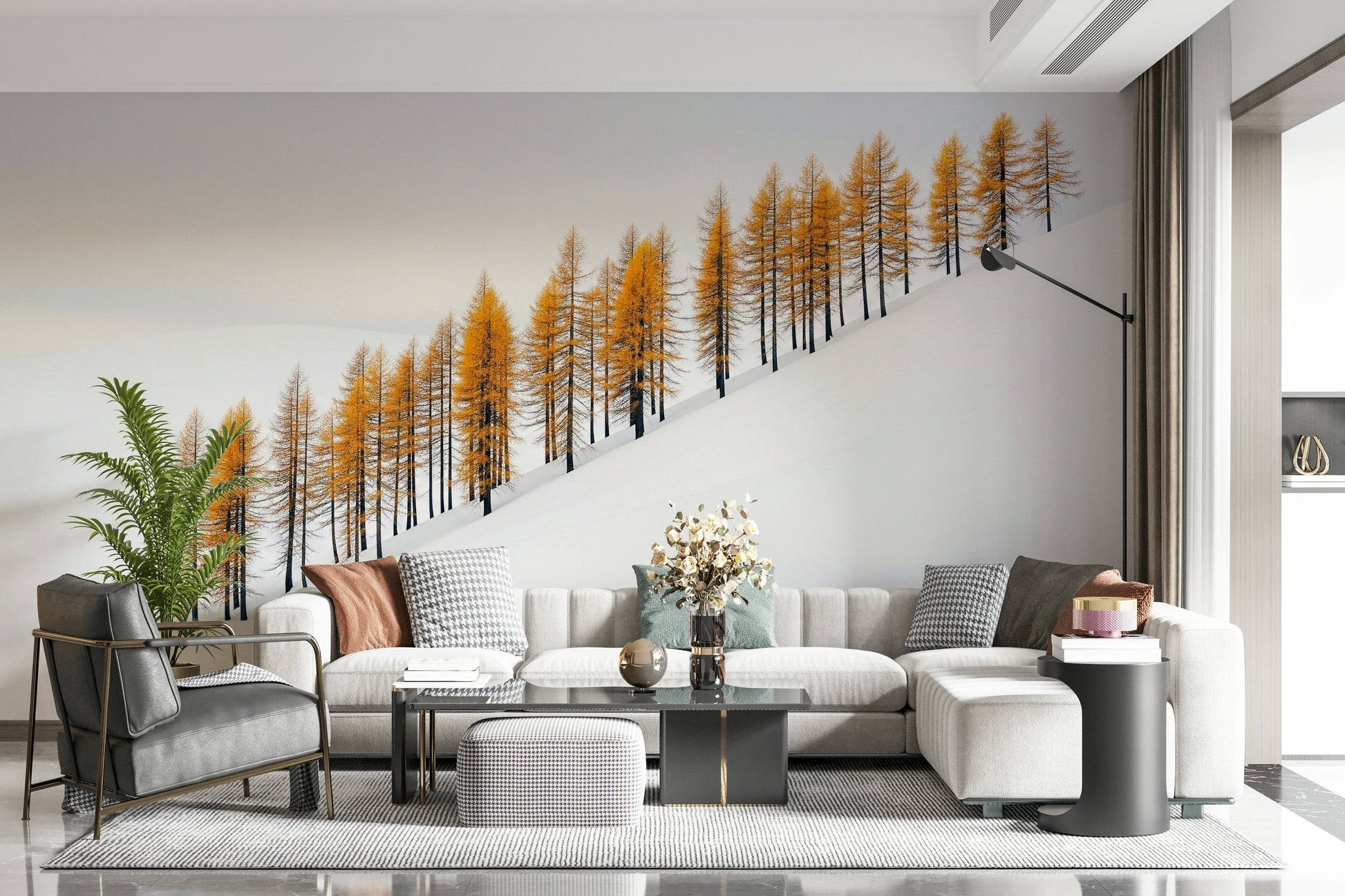 Frosted branches in beige and gold, calm hallway feature wall mural