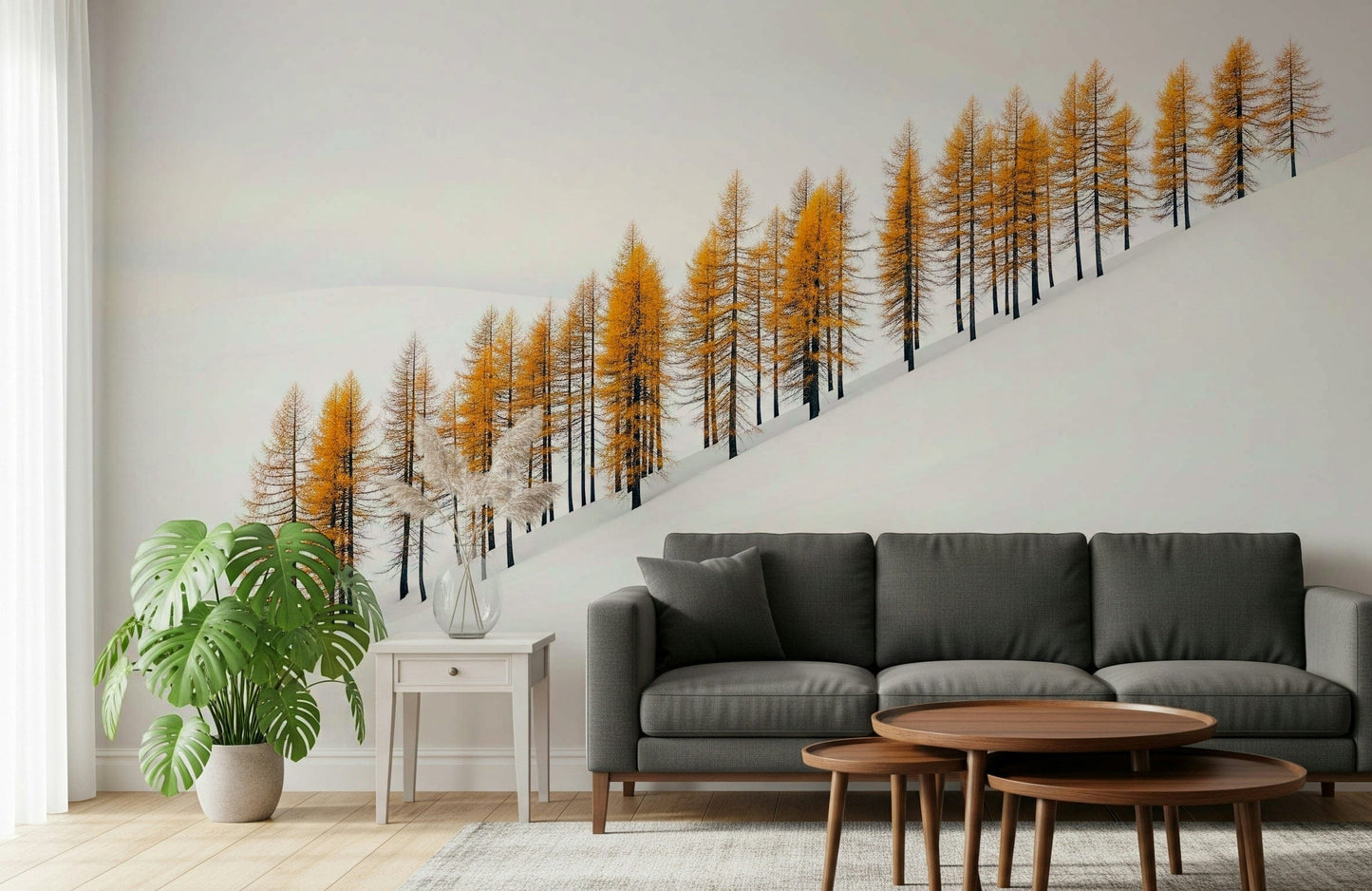 Golden winter forest mural behind sofa, modern living room wall decor