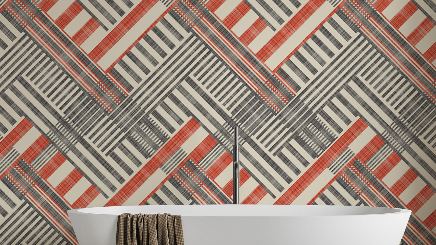 Striped geometric wallpaper with retro colors and patterns.