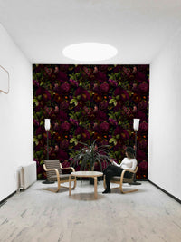 Grandmillennial wallpaper featuring dark floral prints


