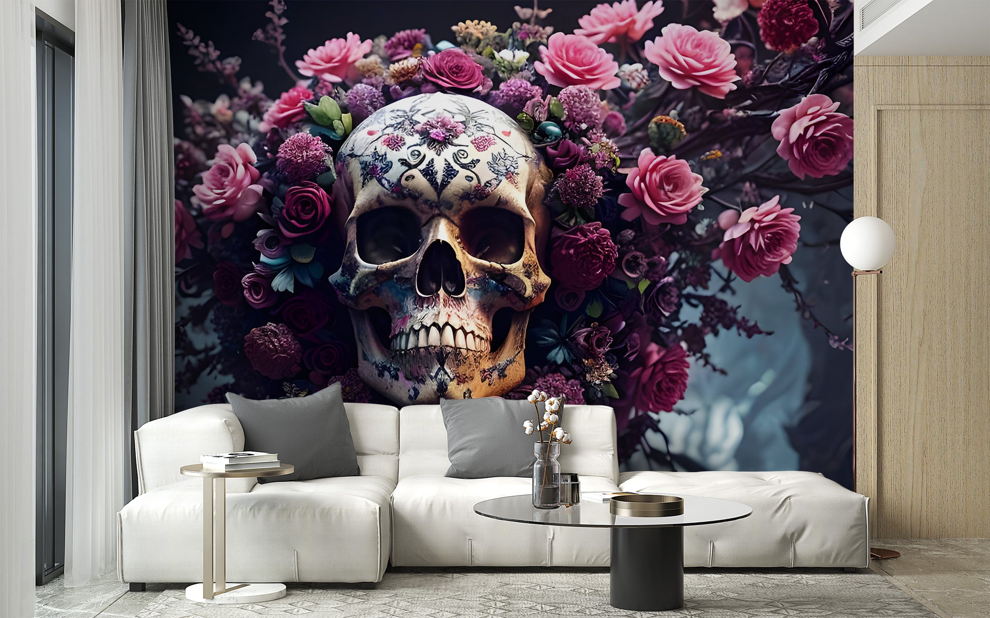 Floral Skull Halloween haunted mural.