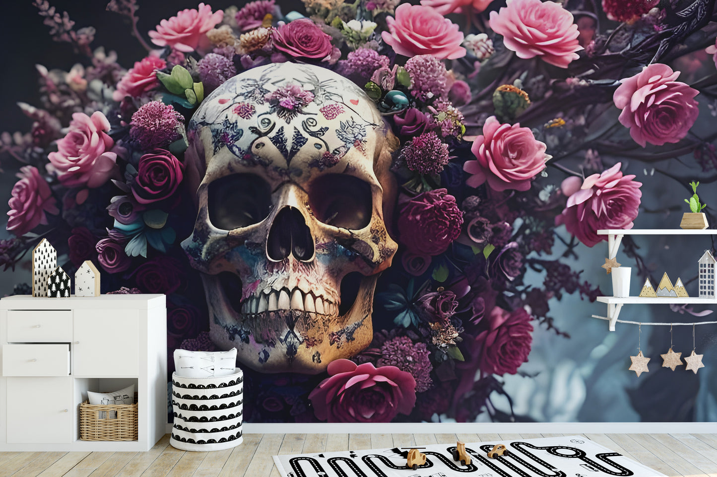Floral Skull Halloween creepy wall covering.