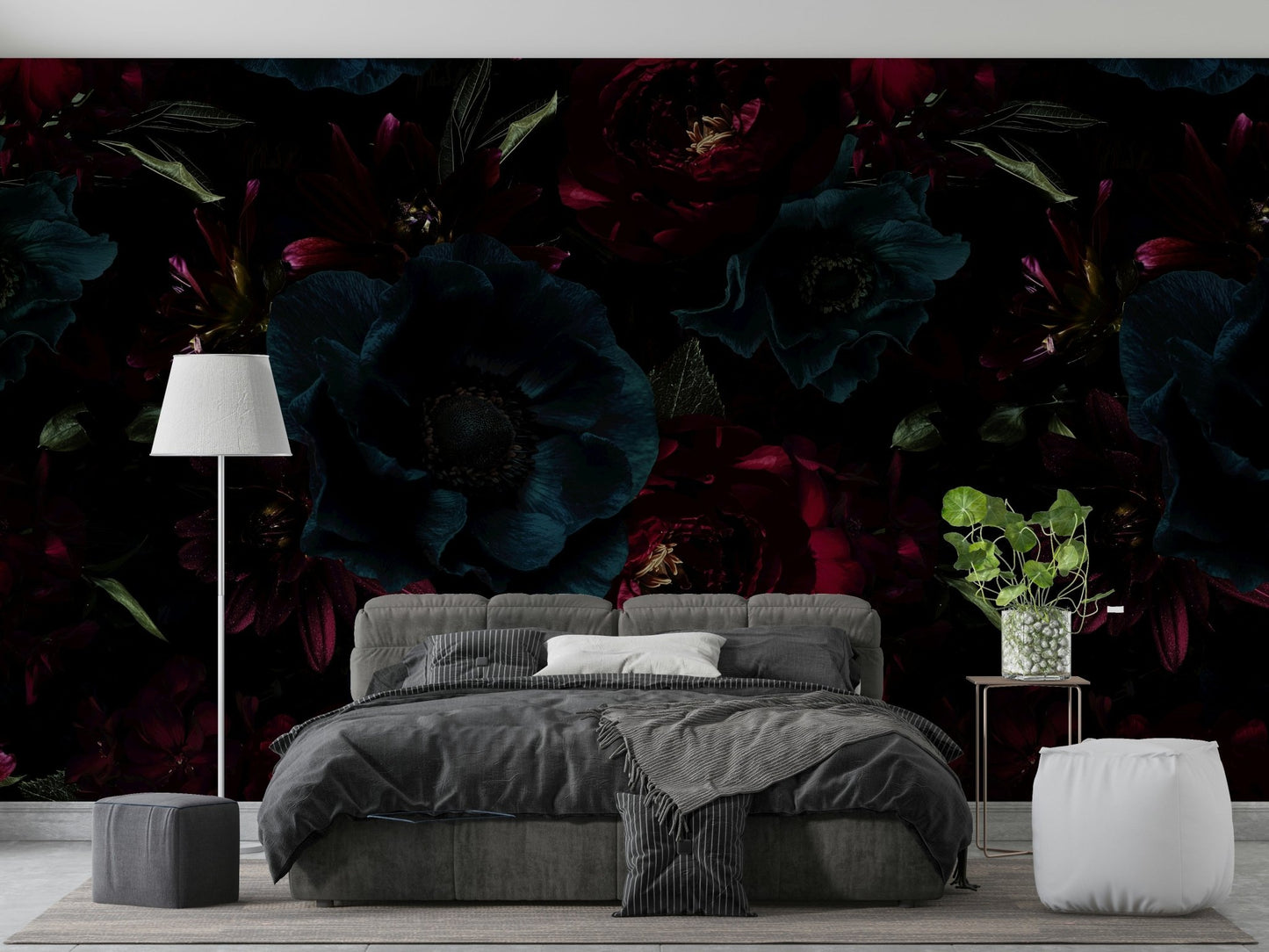 The colors are soft, muted tones of black, purple, and blue.

