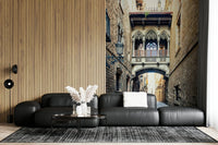 Cobblestone lane Gothic Quarter Archway peel and stick wall art.