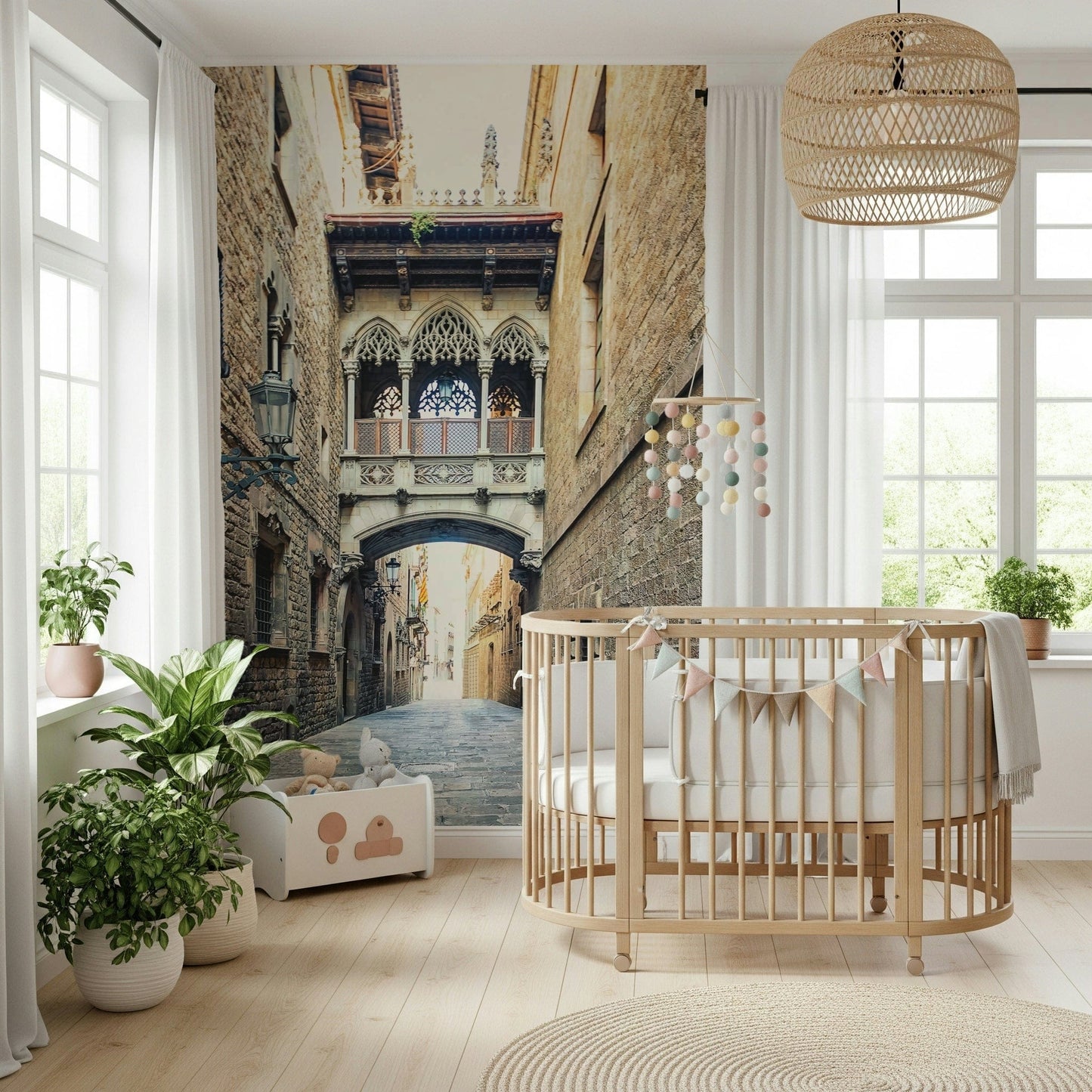 Gothic Quarter Archway wallpaper mural stone passage wall covering.