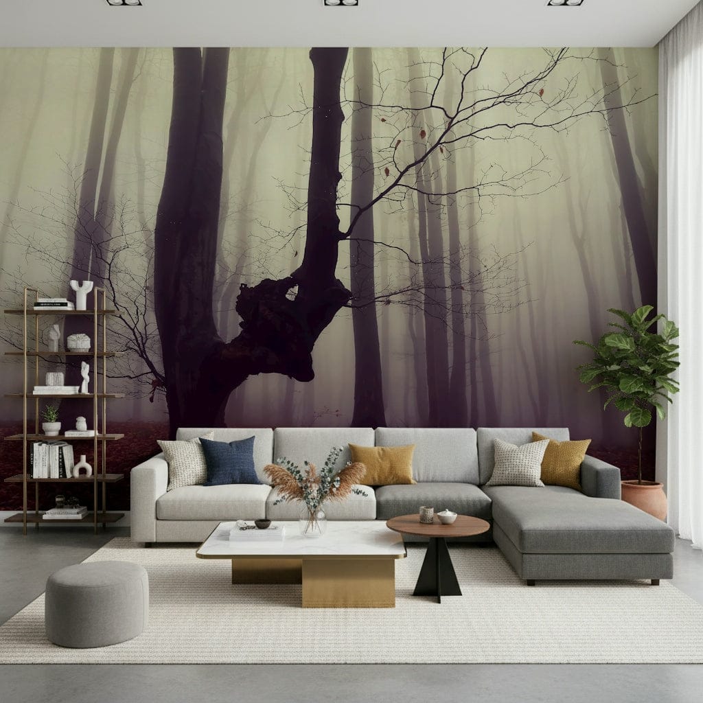 Gothic Woodland Forest wall mural, mysterious trees, eerie fog.