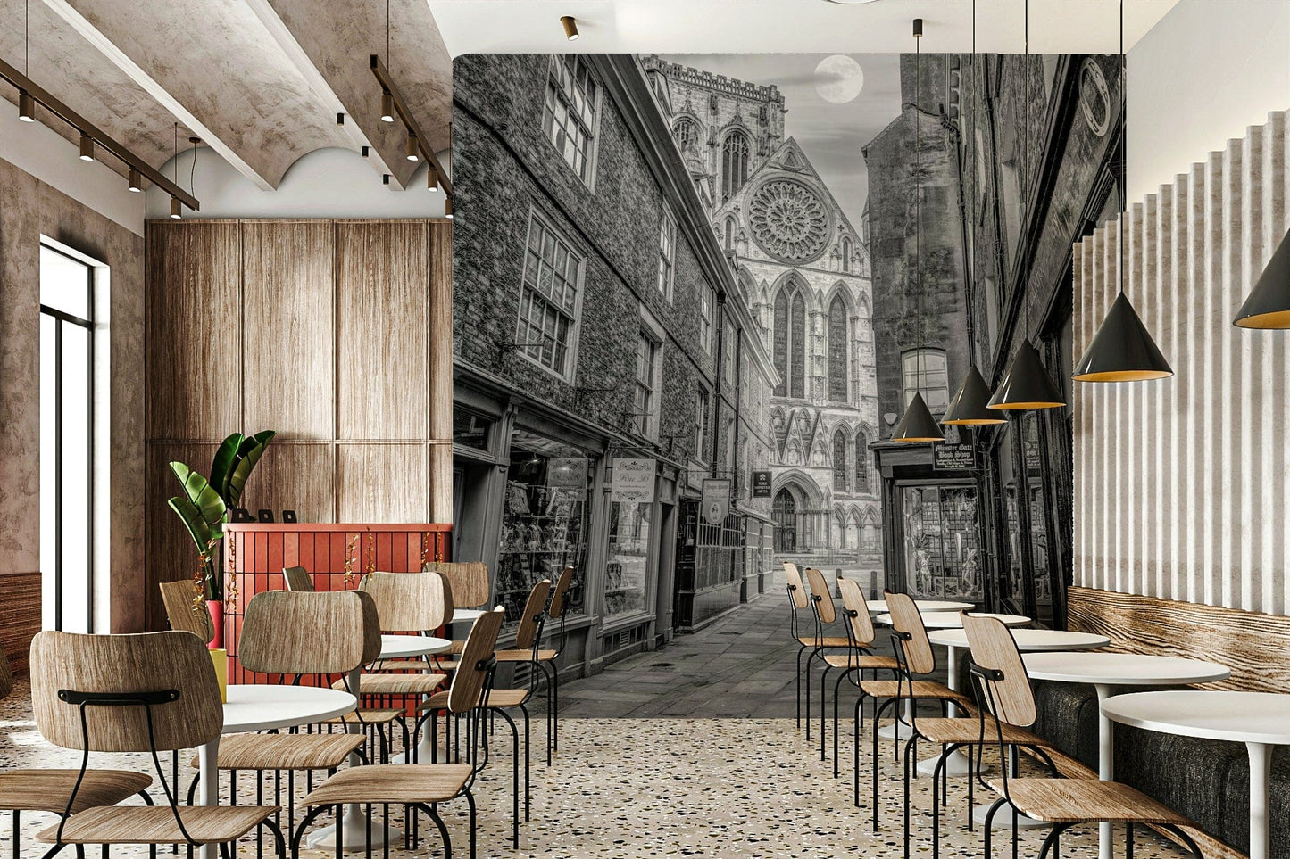 A peaceful medieval street mural on decorative wallpaper.

