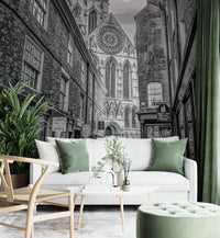 An artistic dark urban scene mural on minimalist wallpaper.

