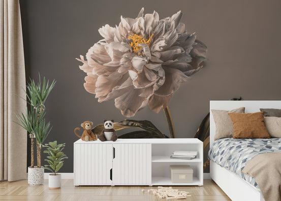Graceful Blooms wallpaper mural with a large cream peony on a grey wall in a child's bedroom with a white bed