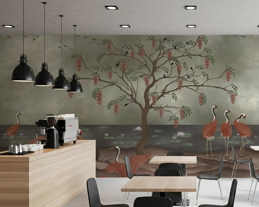 Graceful Cranescapes wall mural behind a restaurant  with cranes and wisteria detail