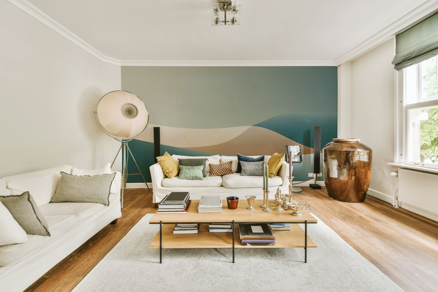 Matte non‑woven mural wallpaper with gentle horizon hues

