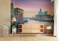 Venice waterway Canal Dream mural stunning pink purple sky.