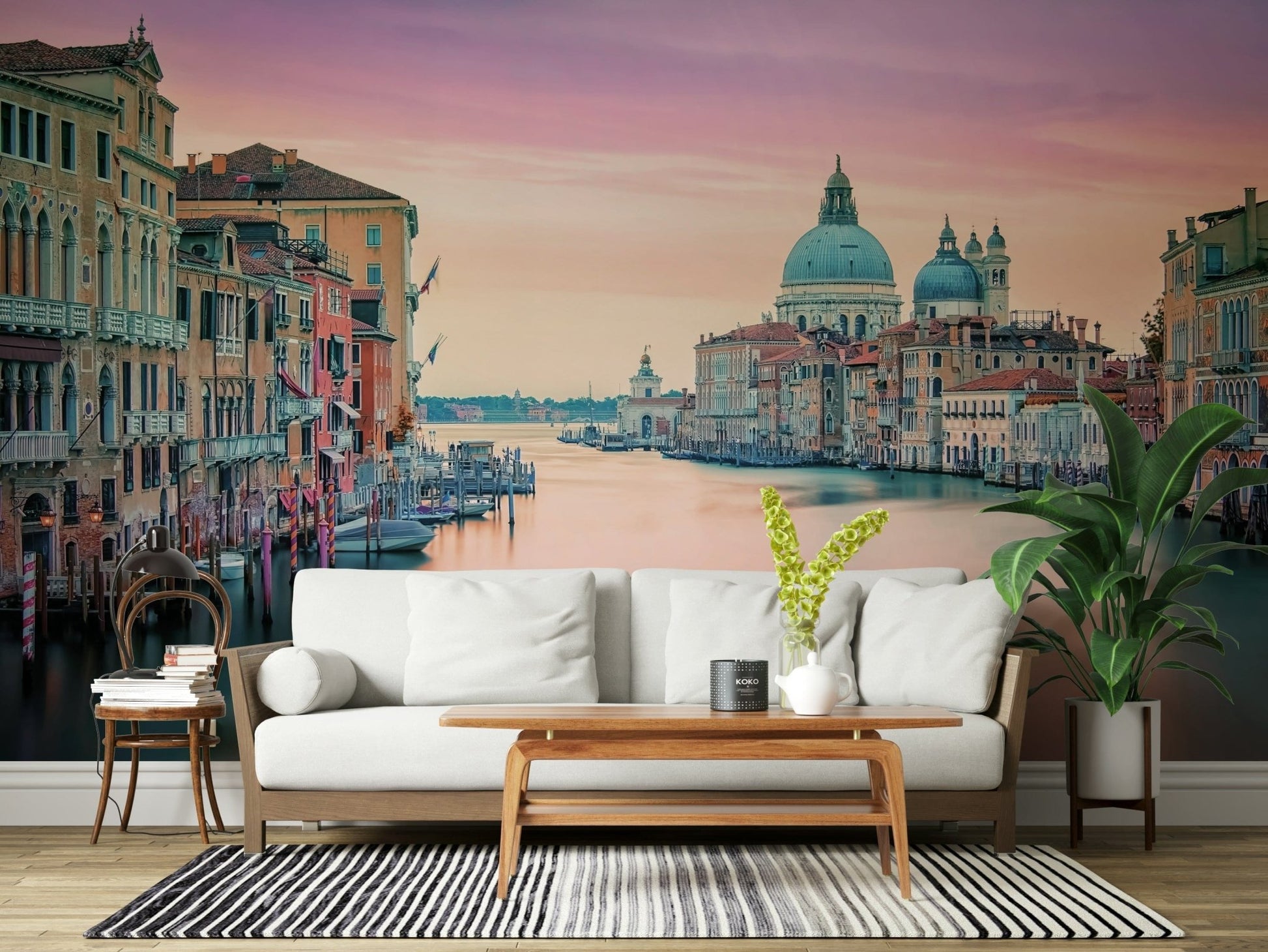 Soft sunset Grand Canal buildings wallpaper tranquil water effect.