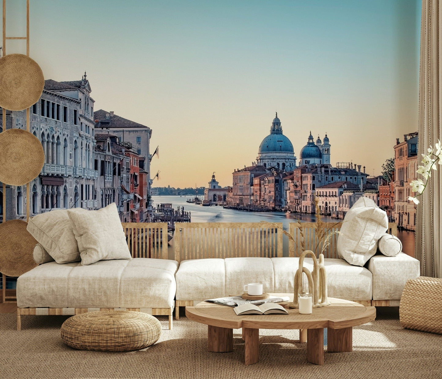 Dining area feature wall with canal mural, muted colours
