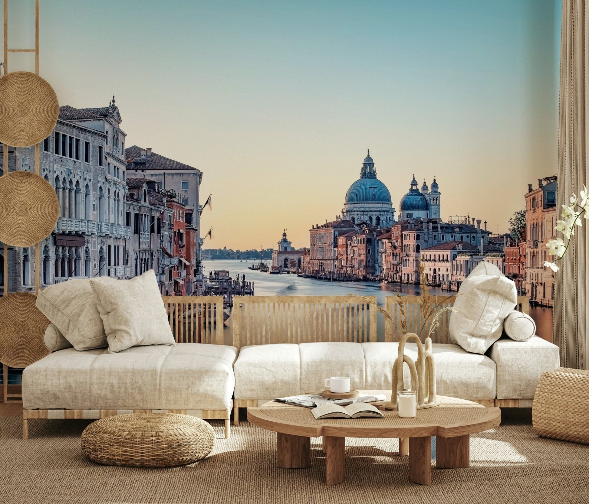 Dining area feature wall with canal mural, muted colours
