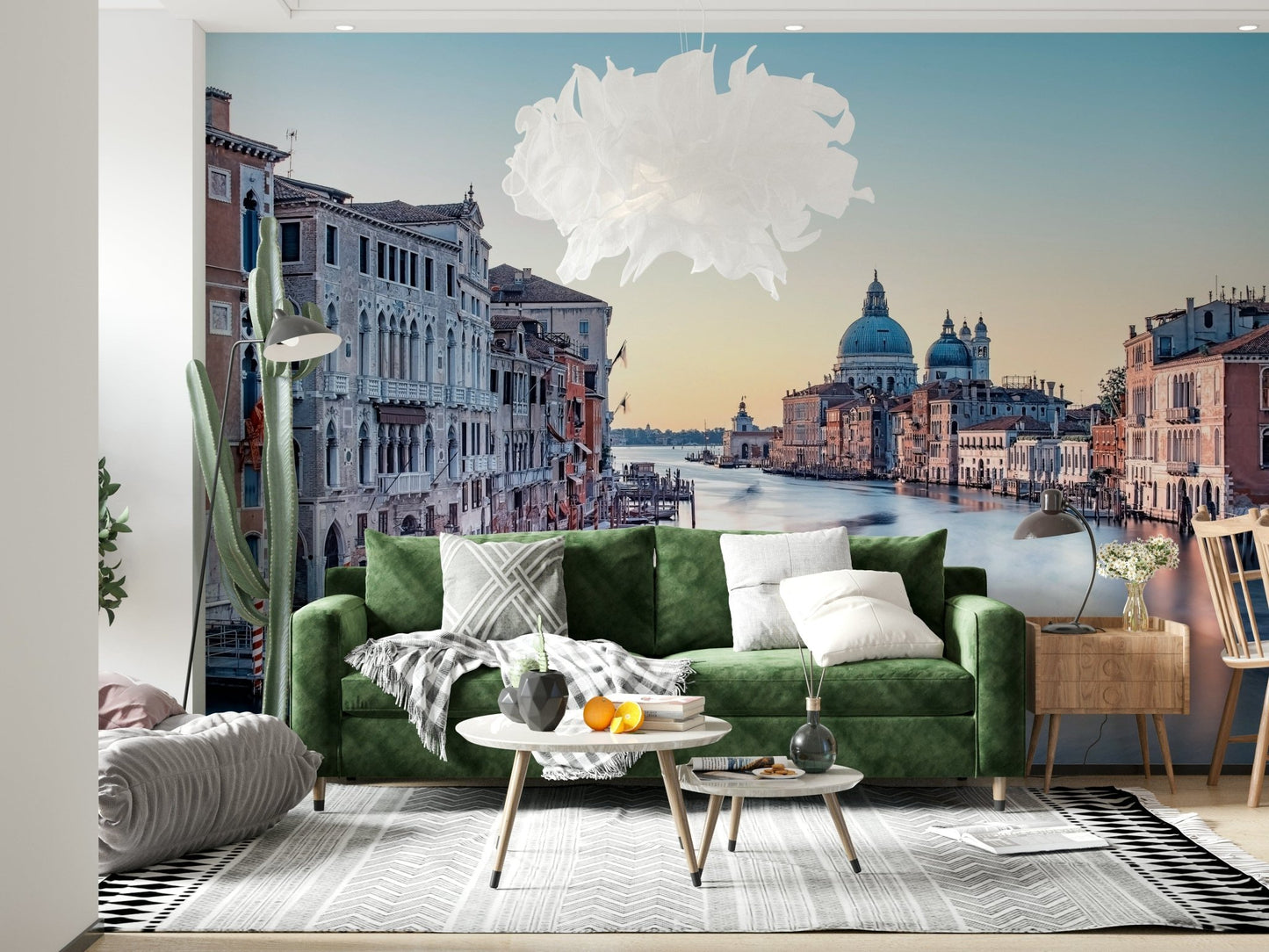 Canal view mural in open-plan living space, calm colours