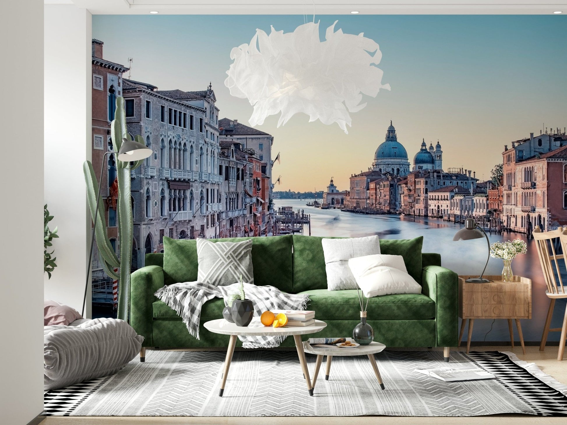 Canal view mural in open-plan living space, calm colours