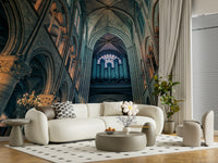 Cathedral Arches Wall Mural in a modern living room with tall ceilings.