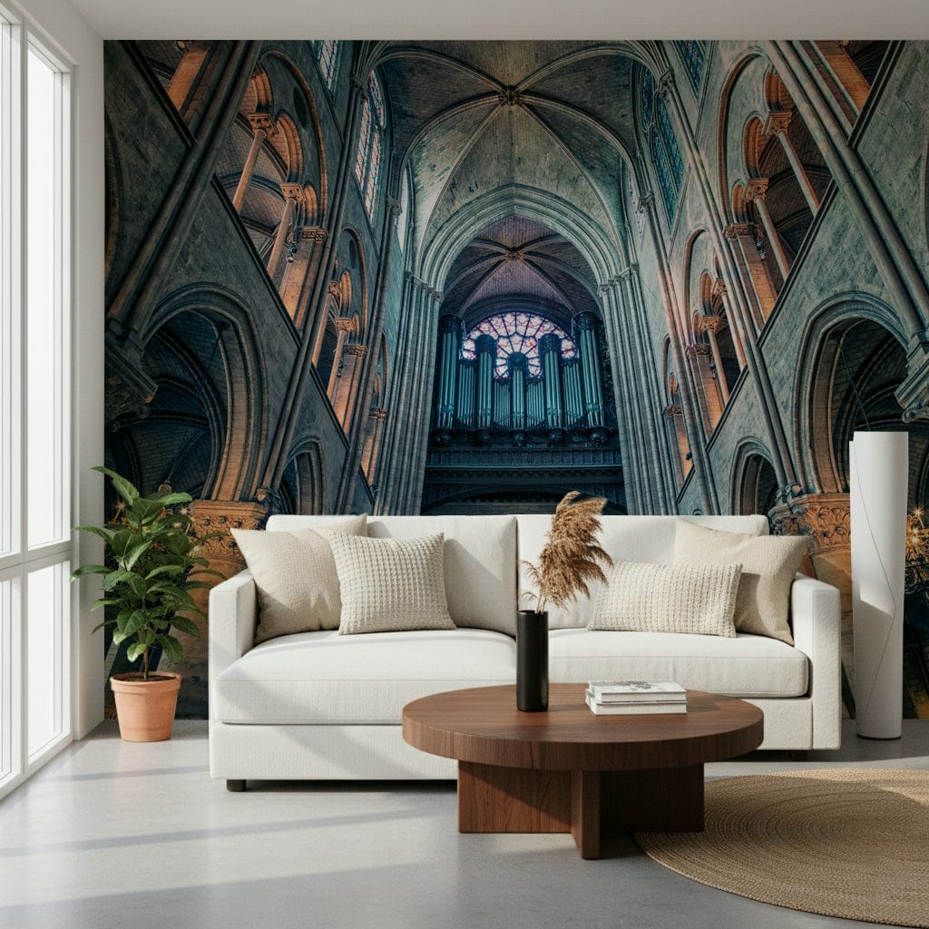 Minimal lounge with arch mural, modern wall decor in neutral colors