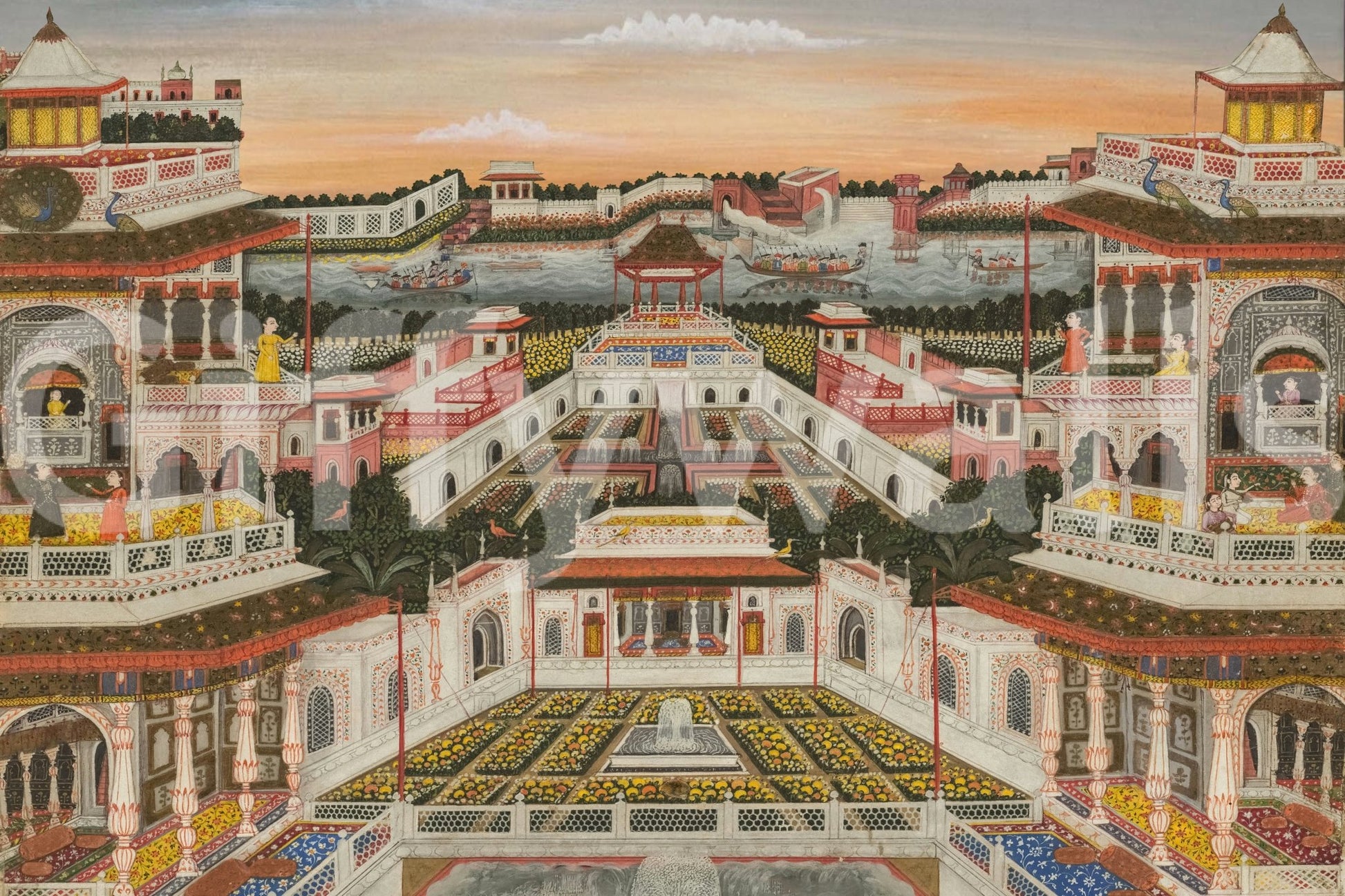 Scenic palace courtyard wall mural with royal garden symmetry